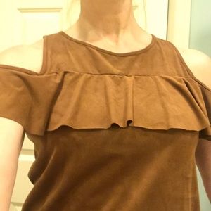Brown faux suede cut out shoulder top